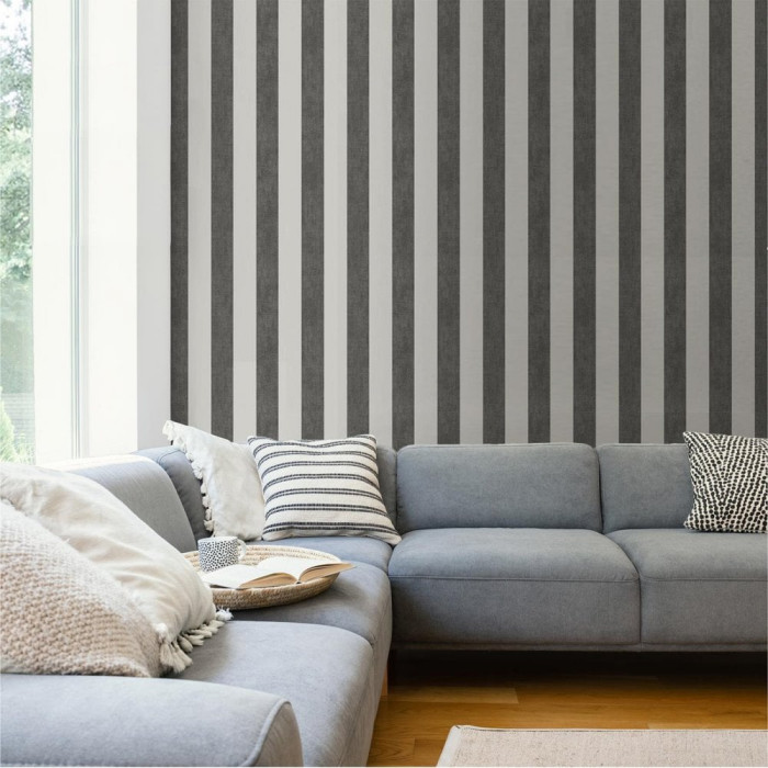 charcoal and white striped wallpaper in living room