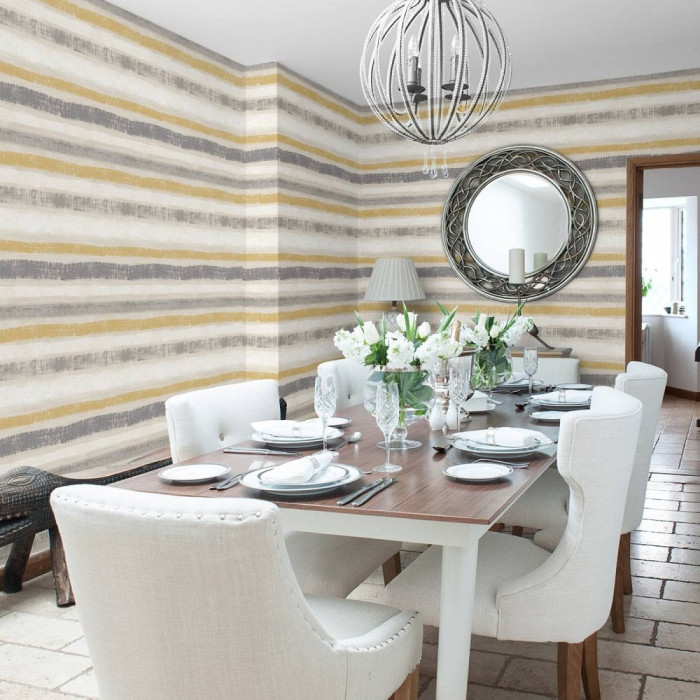 grey and yellow horizontal striped wallpaper in dining room